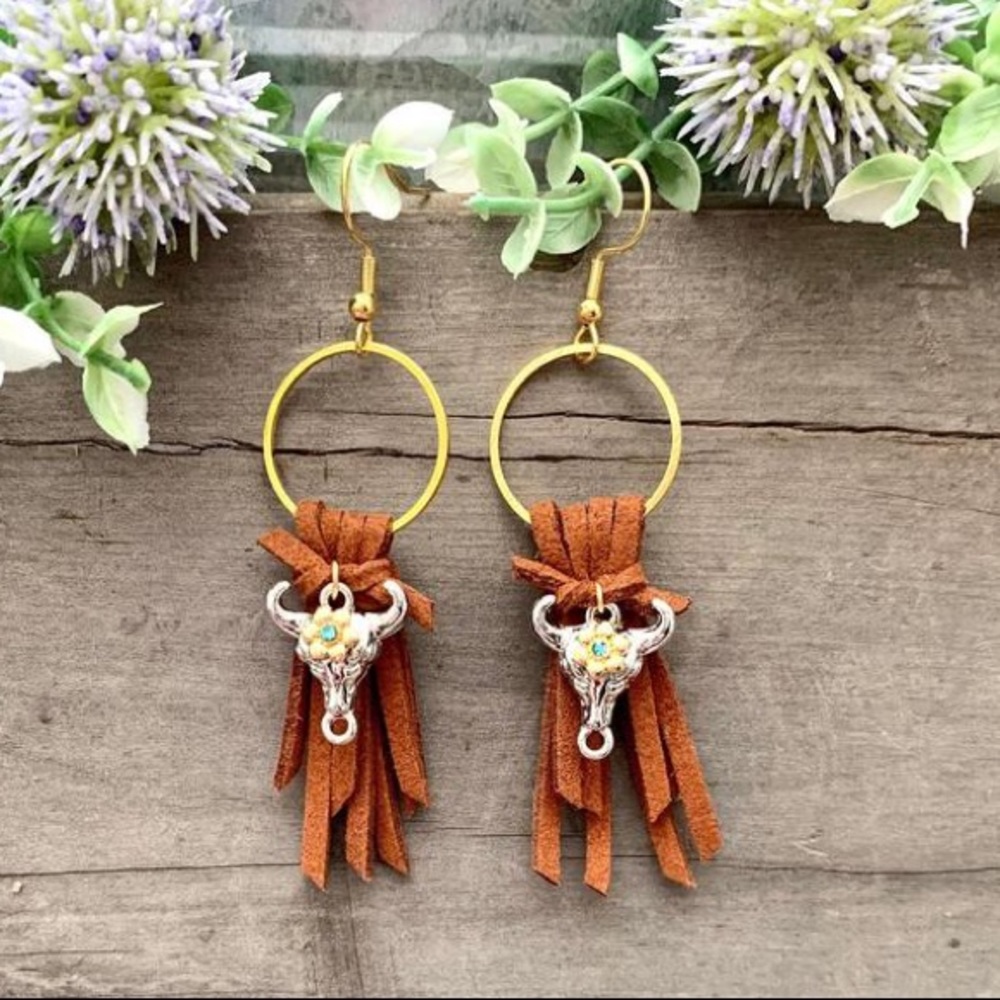 Cow Skull Fringe Western Earrings